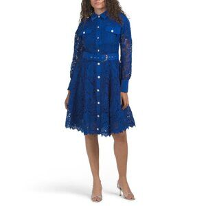 DALIA MACPHEE Royal Long Sleeve Lace Mini Dress With Hardware Belt